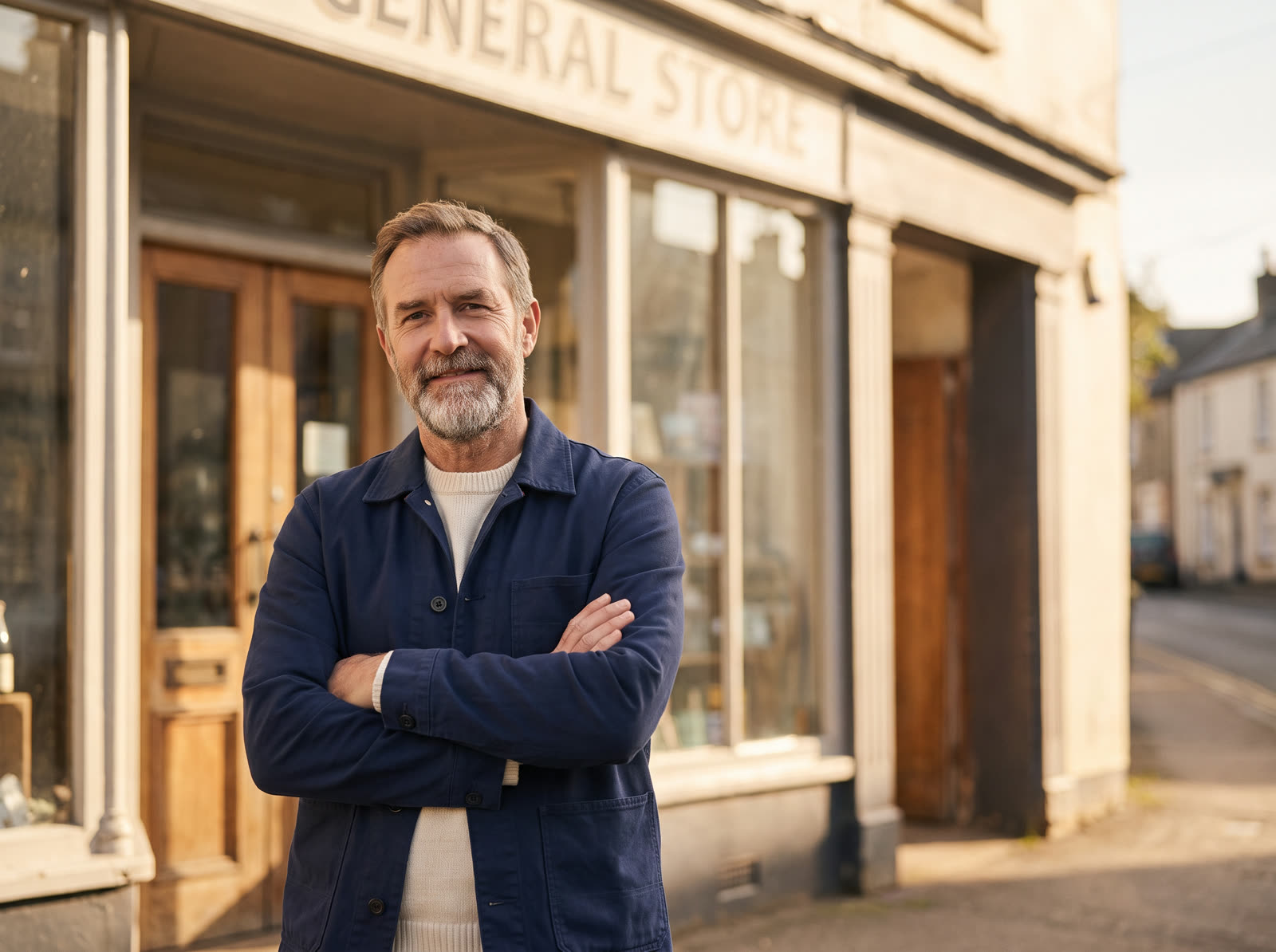 A small business owner standing confidently in front of his storefront