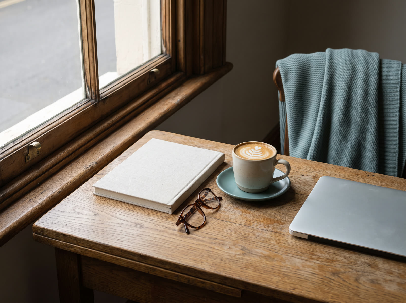 A notebook, glasses, and coffee on a desk, set up for retirement planning research