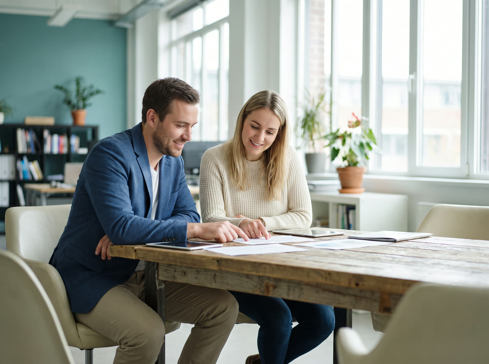 Two small business colleagues reviewing a retirement plan together