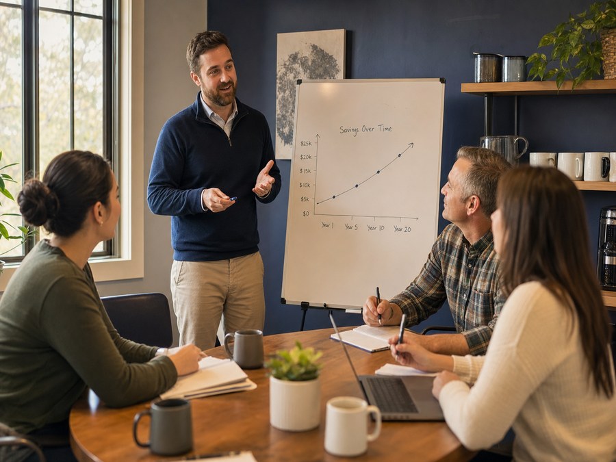 A financial wellness class for employees at a small business, with an advisor reviewing a savings chart